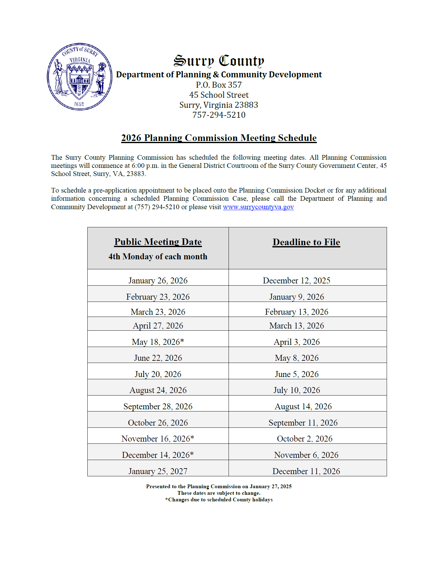 Planning Commission Meeting Dates 2026